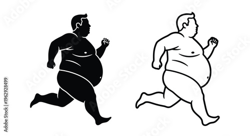 Two illustrations of an overweight man running one solid black one white