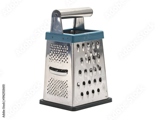 Metal box grater with blue trim and handle on white background