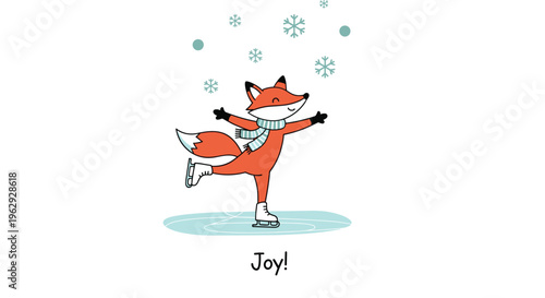 Cute cartoon fox wearing a striped scarf ice skating on a frozen pond while snowflakes fall from the sky with joy text.