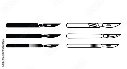 A collection of surgical scalpels in a black and white illustration
