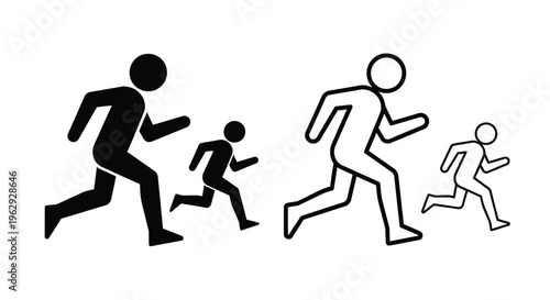 Simple illustration depicting two adults and two children running forward