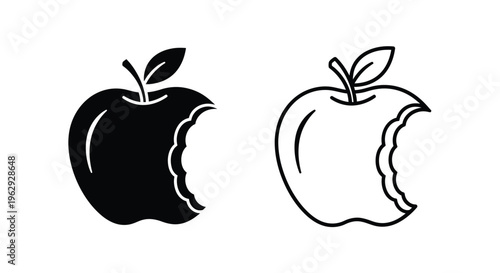 Two black and white illustrations of bitten apples with leaves