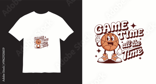 Retro basketball character game time all the time tshirt design with peace sign