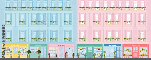 set of building spring season. pastels color store front. coffee, book, ice cream, kitchen, bakery and flower shop.