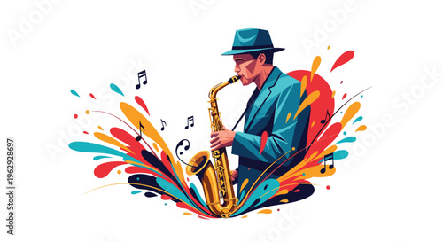 Stylized illustration of a jazz musician playing the saxophone with vibrant colorful paint splashes and musical notes.