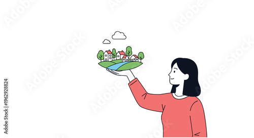 Conceptual illustration of a young woman holding a small idyllic town with houses and trees in the palm of her hand.