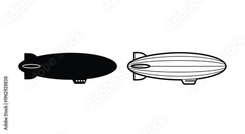 Two airship illustrations one solid black one outlined in white