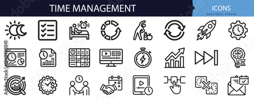 Premium outline vector line icon set collection bundle featuring schedule planning concepts for modern web graphic design projects