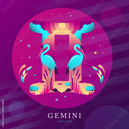 Modern magic witchcraft card with astrology Gemini zodiac sign on fluorescent background. Flat design. vector illustration