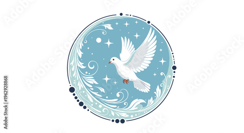 Elegant illustration of a white dove in flight within a circular frame decorated with floral swirls and stars in blue.