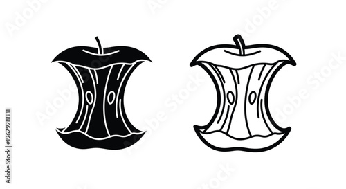 Two black and white illustrations of apple cores side by side