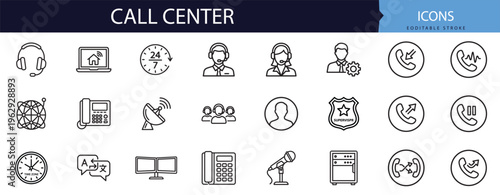 Premium outline vector line icon set collection bundle featuring call center concepts for creative digital graphic design projects