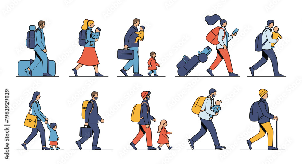 Fototapeta premium Collection of various people traveling with backpacks and suitcases including families with children in a flat style.