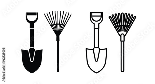 Black and white icons depicting a shovel and a garden rake