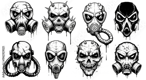 Urban Graffiti Masks and Gas Masks Vector Illustration Sheet in Black Ink Grunge Punk Street Art Style