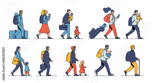 Collection of various people traveling with backpacks and suitcases including families with children in a flat style.
