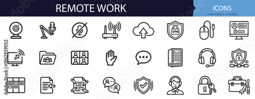 Premium outline vector line icon set collection bundle featuring digital nomad concepts for modern web graphic design projects