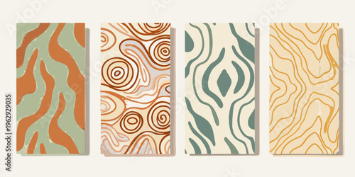 Four abstract patterned panels in muted earth tone colors