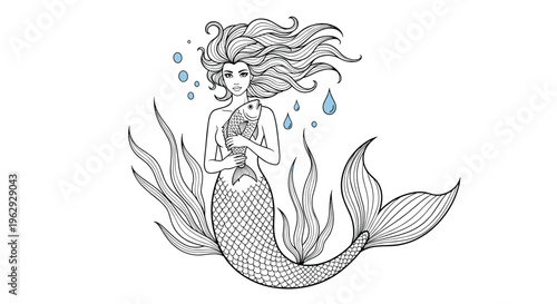 Detailed black and white line art of a beautiful mermaid holding a large fish surrounded by seaweed and water bubbles in the ocean.