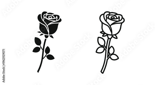 Two black and white rose illustrations with stems and leaves