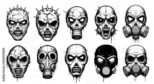 Urban Graffiti Masks and Gas Masks Vector Illustration Sheet in Black Ink Grunge Punk Street Art Style