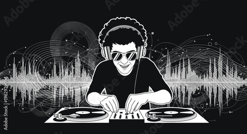 Graphic illustration of a male DJ with an afro and sunglasses mixing records on a turntable with sound wave background.