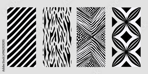 Four black and white abstract patterns arranged in a rectangular format