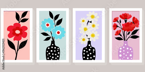 Four framed floral arrangements with distinct colors and dotted vases
