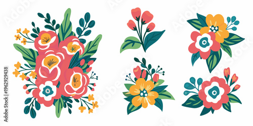 Colorful floral arrangements with varying compositions and botanical details