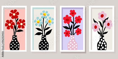 Four framed floral illustrations featuring colorful flowers in vases