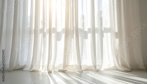 Soft morning sunlight through white curtains minimal airy background