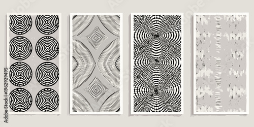 Four abstract panels featuring intricate circular and linear designs