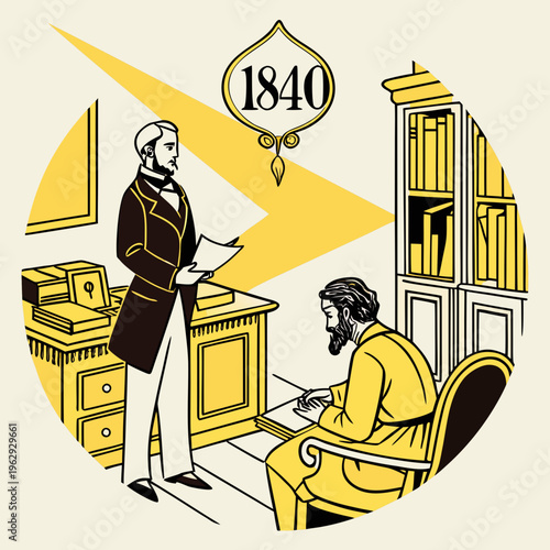 Men in 1840s office setting interacting