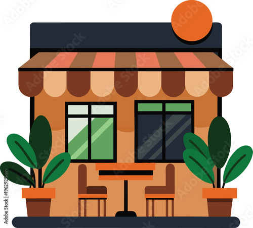 Modern cafe building with outdoor seating and potted plants