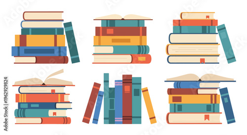 Colorful stacks of books in various arrangements on a plain surface for learning and organization