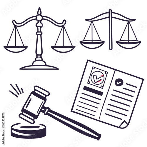 Law symbols including scales and gavel