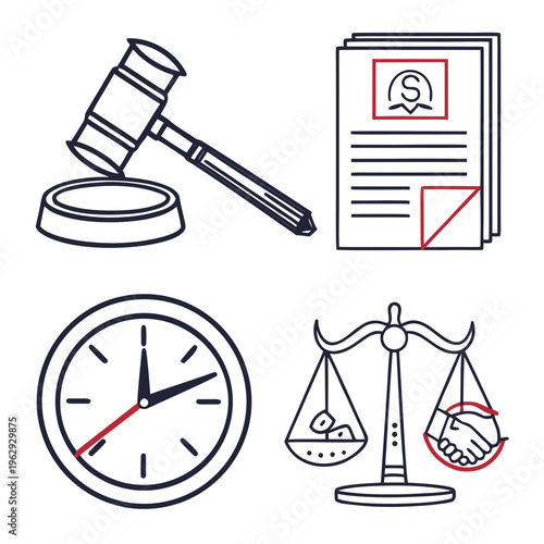 Law and justice icons including gavel clock scales
