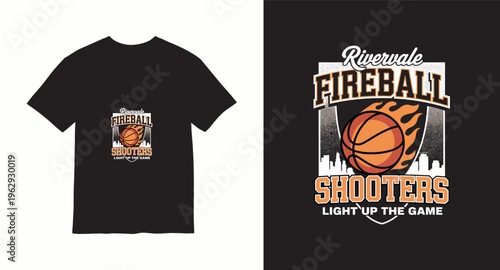 Rivervale fireball shooters t-shirt design with burning basketball cityscape background light up the game text