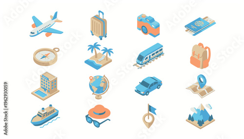 Collection of travel and transportation icons.