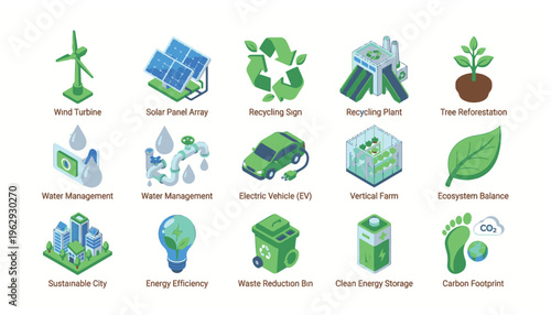 Eco friendly icons for sustainable living and environmental conservation.