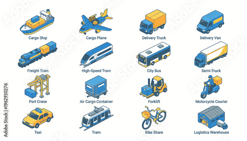 Collection of various transportation icons and vehicles.