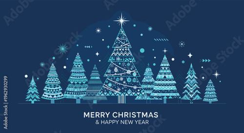 Beautiful blue Christmas card featuring a collection of decorative evergreen trees with various winter patterns.