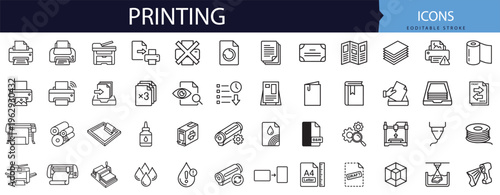 Printing machine color document and publishing service line icon set vector illustration graphic design web elements