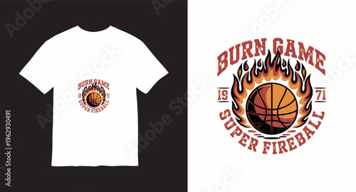 Burn game super fireball basketball t-shirt graphic 1971 design illustration