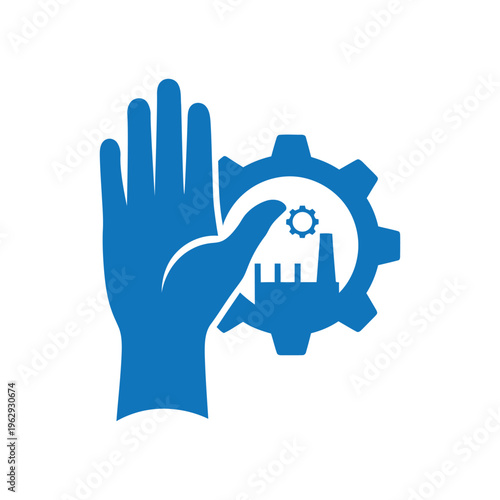 Hand stopping industrial pollution icon with gear and factory silhouette representing environmental protection.