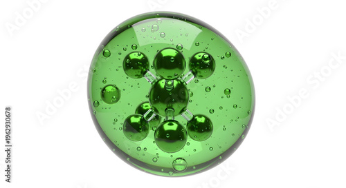 A glossy, translucent green gel drop containing darker green spheres and tiny specks, isolated on white