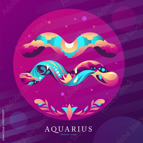 Modern magic witchcraft card with astrology Aquarius zodiac sign on fluorescent background. Flat design. vector illustration