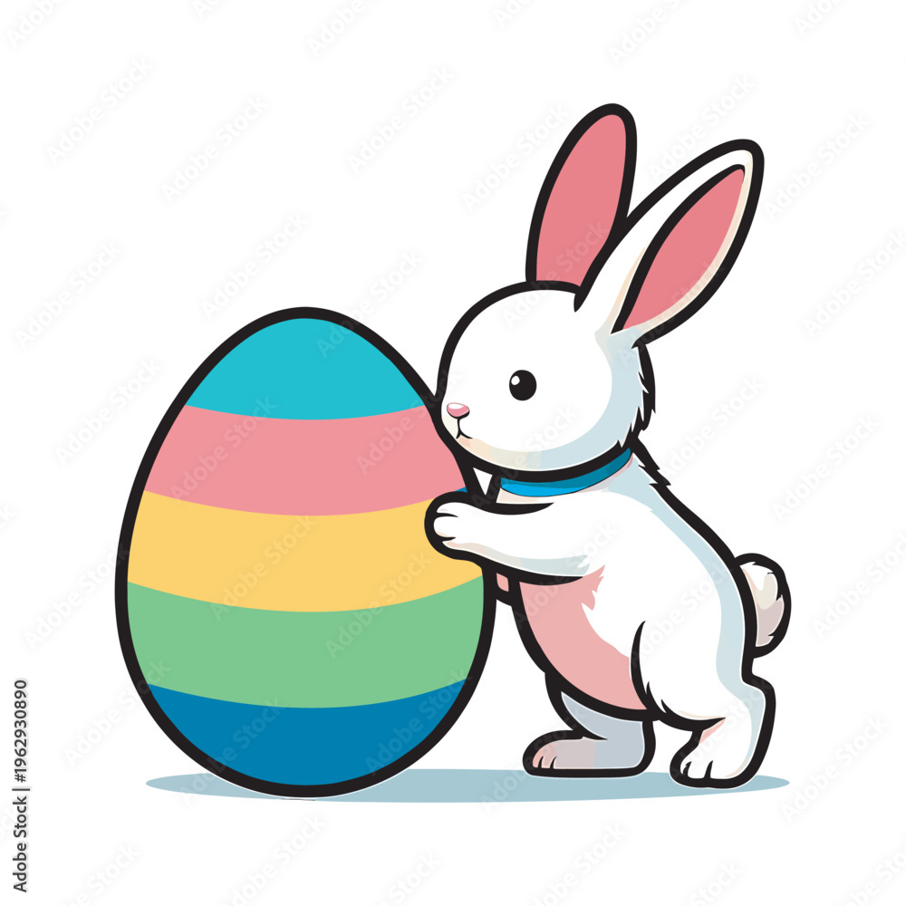 Obraz premium Adorable bunny with large striped easter egg, spring celebration, cute character design