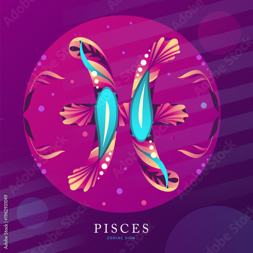 Modern magic witchcraft card with astrology Pisces zodiac sign on fluorescent background. Flat design. vector illustration