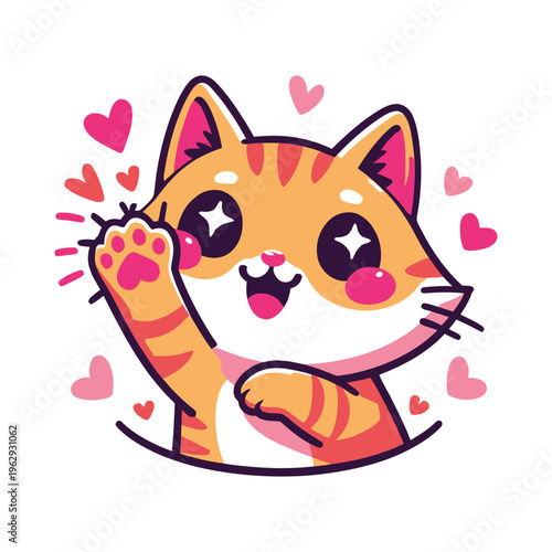Cute cartoon cat waving paw surrounded by pink hearts cheerfully